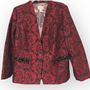 Chico's Elegant Red and Black Blazer Brocade Jacquard Medium 8 10